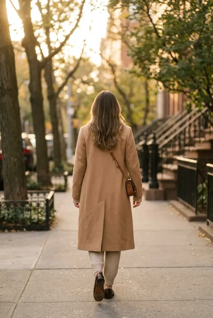 Woman walking in an oat knit lounge set under a long camel coat with espresso loafers