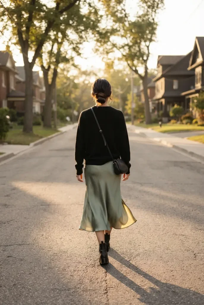 Woman walking in sage green satin midi skirt, black knit and black ankle boots