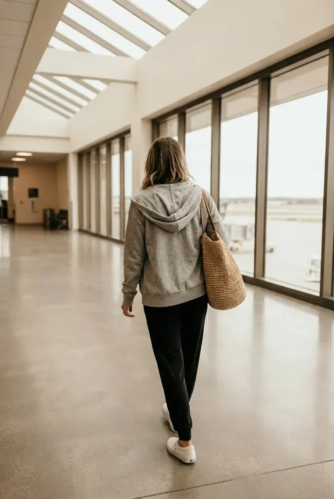 Woman walking through an airport in a black lounge set, gray zip hoodie, and woven tote bag