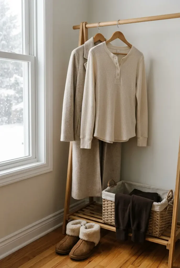 Wooden garment rack with a winter loungewear capsule including a cardigan coat, waffle henley and leggings