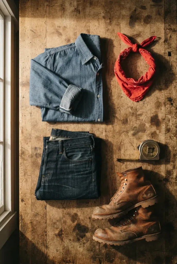 hambray shirt, jeans and red bandana laid out for an easy Rosie the Riveter costume.