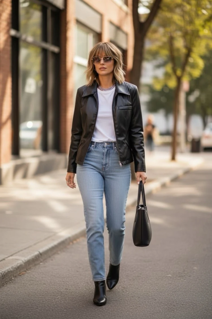 A woman with a bob haircut and sunglasses walks down a city sidewalk wearing a black leather jacket over a white t-shirt, light-wash jeans, black ankle boots, and carrying a black tote bag.