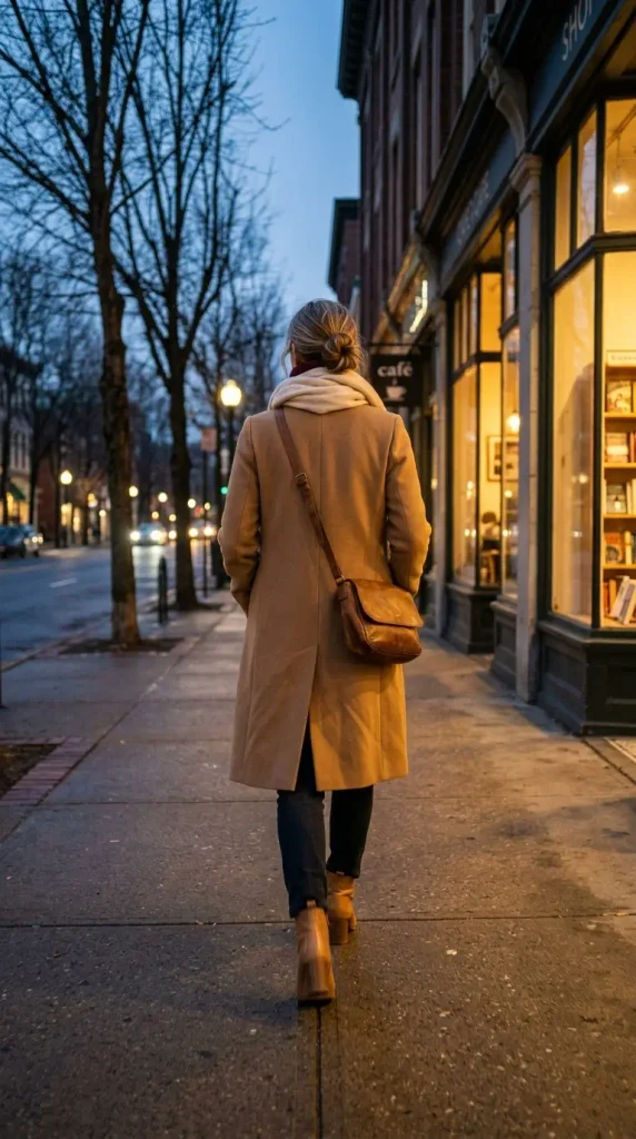 Back view of a woman in a camel coat and burgundy turtleneck walking past holiday lights at dusk
