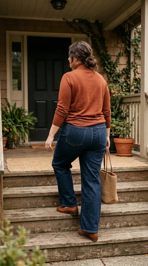 Back view of a woman in wide-leg jeans, rust turtleneck and loafers, a casual plus-size Thanksgiving outfit