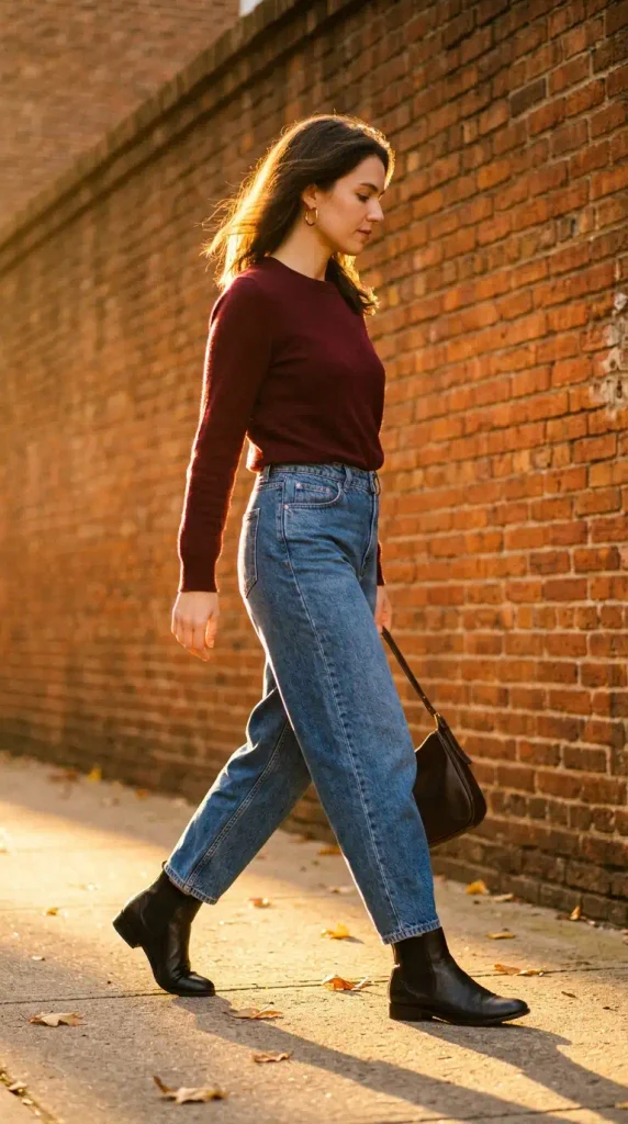 Barrel-leg jeans with a tucked burgundy sweater and black ankle boots at golden hour