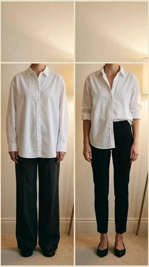 Before and after of an oversized white shirt restyled with a side tuck and slim black ankle pants