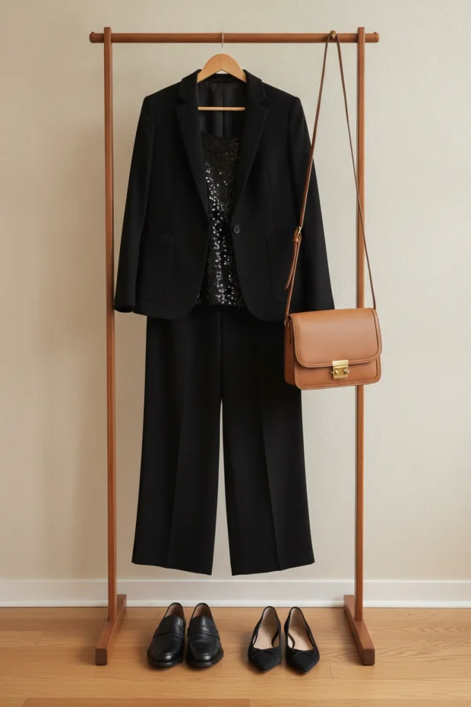 Black blazer over a sequin tank on a garment rack, an office holiday party outfit for women over 50