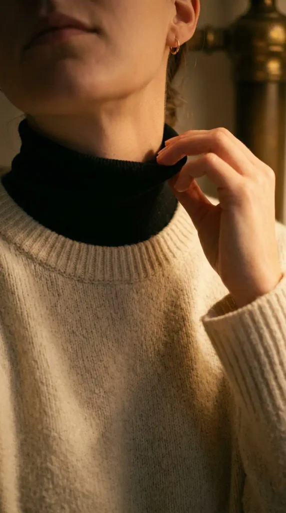 Black thermal turtleneck layered under a cream sweater, a warm winter capsule layering find