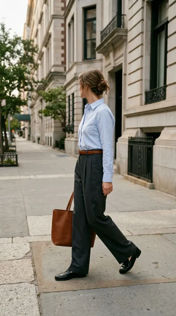 Blue oxford shirt tucked into charcoal wide-leg trousers with loafers, a button-down work outfit