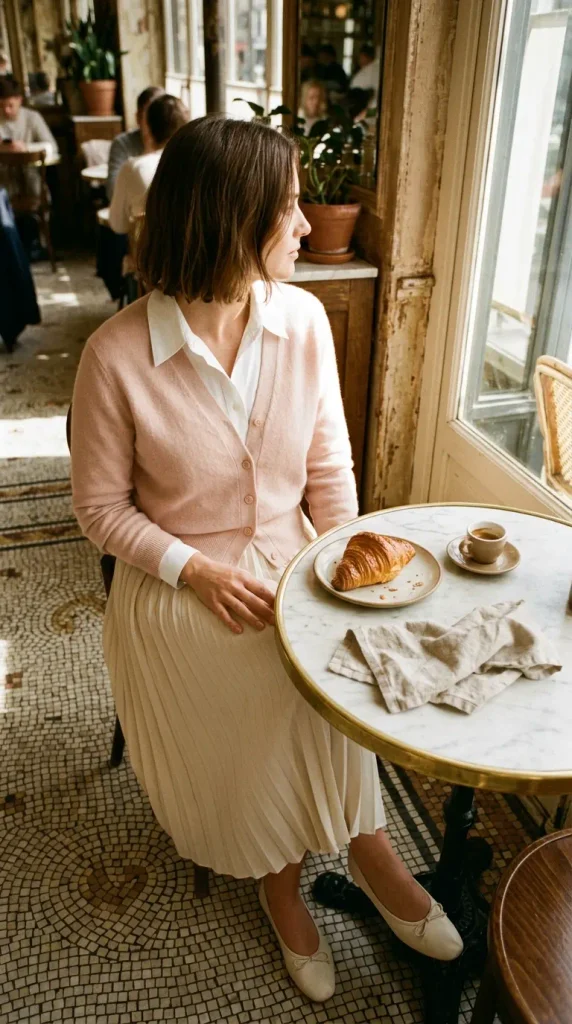 Blush cardigan over a white button-down with a cream midi skirt for a Valentine's Day brunch outfit