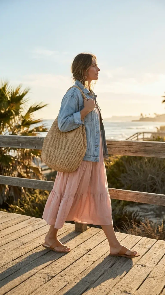 Blush midi dress and denim jacket with sandals for a warm-weather Valentine's Day outfit