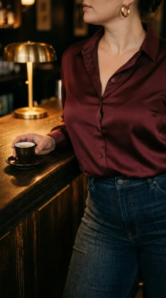 Burgundy satin-look button-down tucked into dark jeans with gold hoops, a plus-size date night outfit