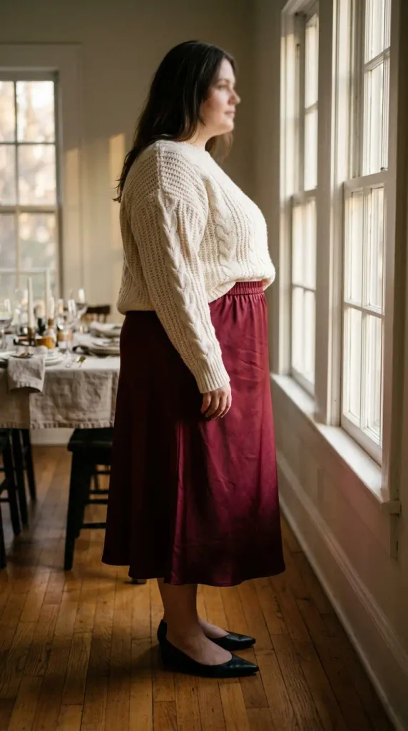 Burgundy satin midi skirt with a chunky cream sweater, a dressy plus-size Thanksgiving outfit idea