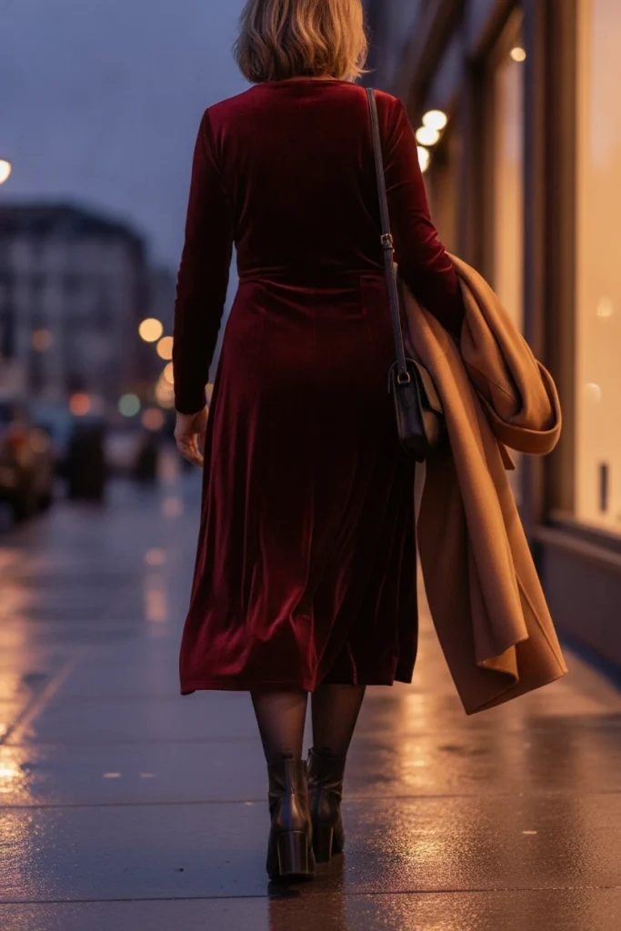 Burgundy velvet midi dress with ankle boots, a Christmas party outfit for a woman over 50