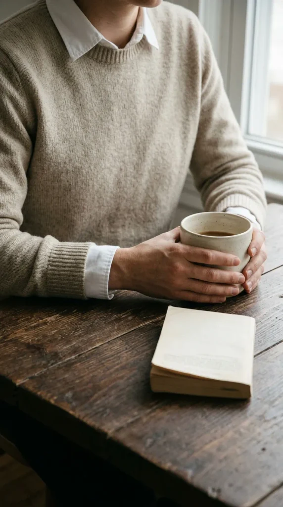 Button-down under a sweater with the white collar and cuff showing beside a ceramic mug