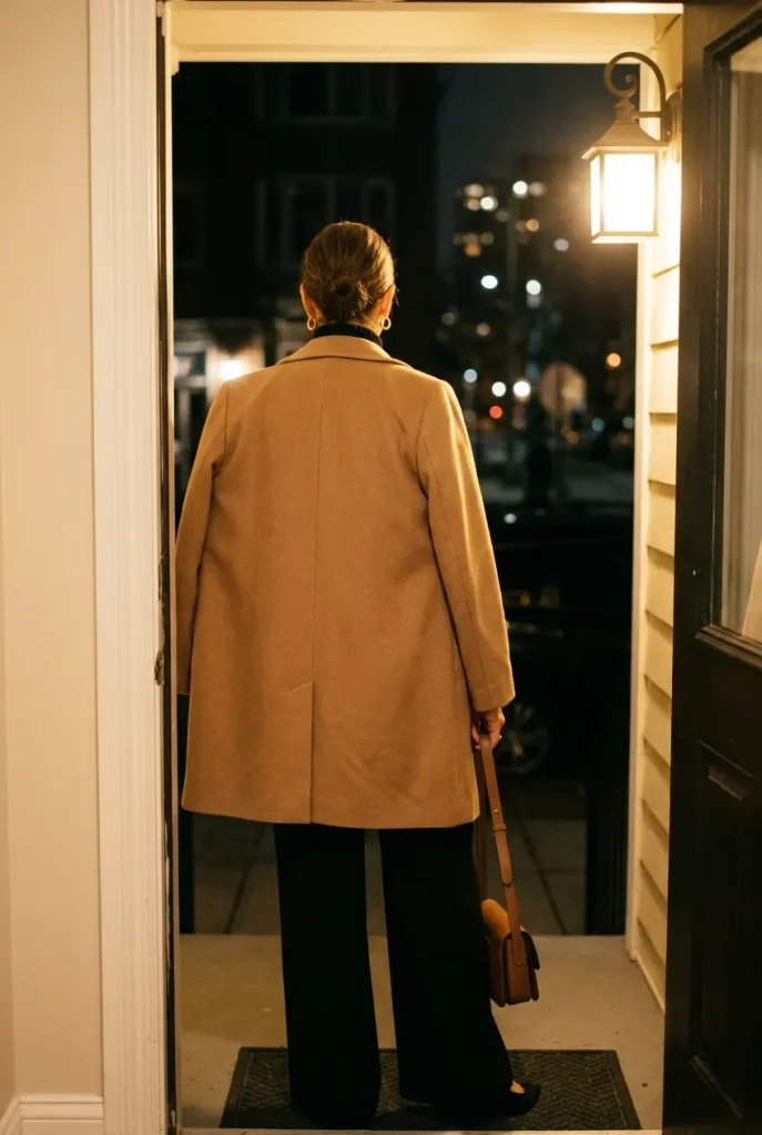 Camel coat over an all black outfit, a New Year's Eve look for women over 50