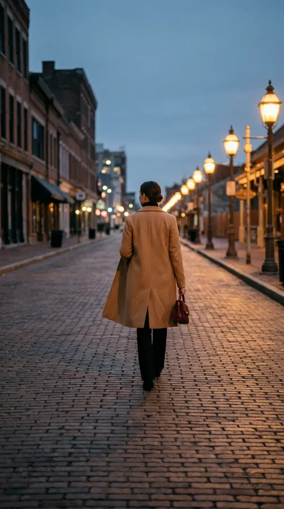 Camel coat over an all-black outfit with a red bag for a winter Valentine's Day date