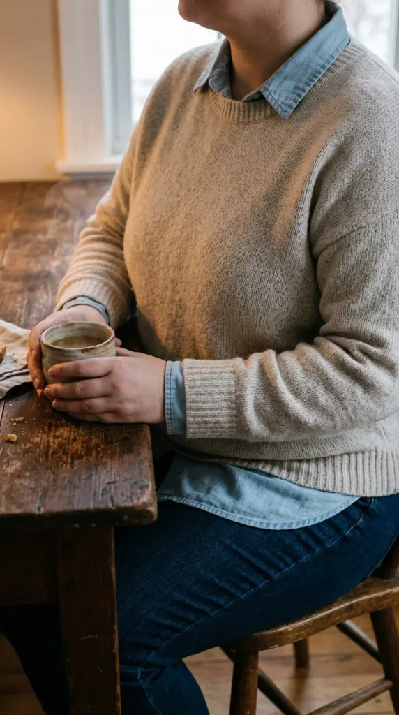 Chambray button-down layered under an oat crewneck sweater, collar and hem showing, plus-size fall outfit