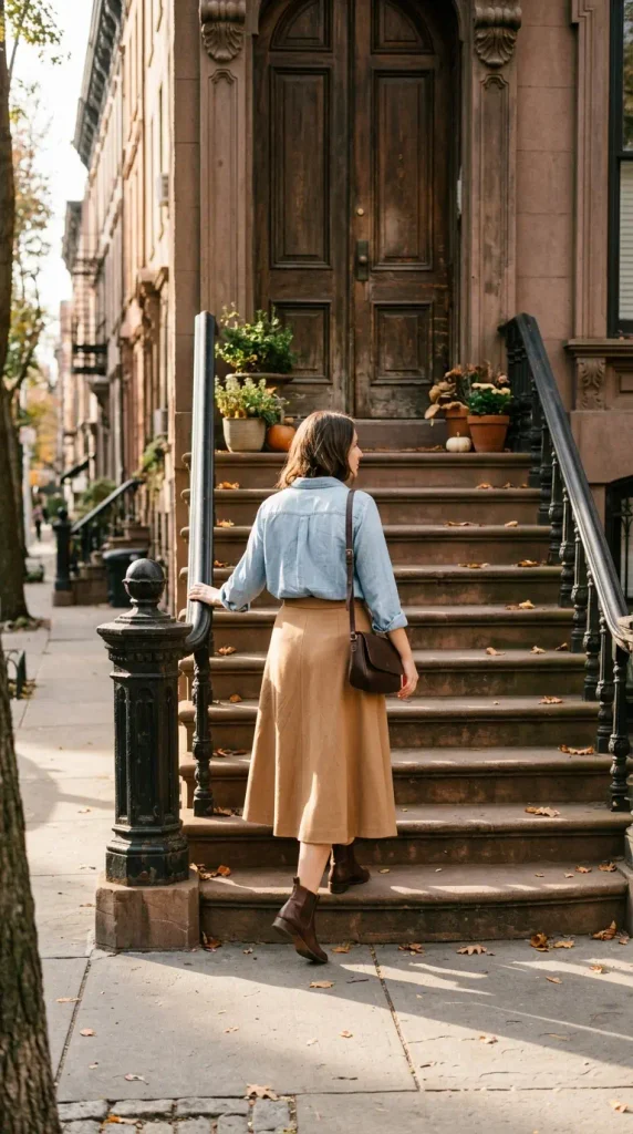 Chambray shirt tucked into a camel midi skirt with espresso ankle boots on brownstone steps