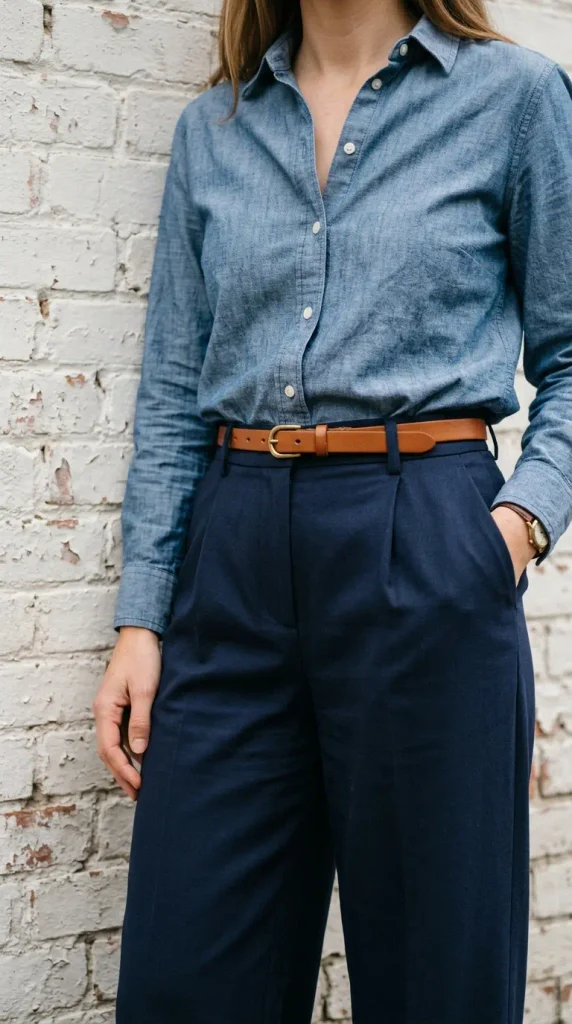 Chambray shirt tucked into navy wide-leg trousers with a brown belt in a tonal blue outfit