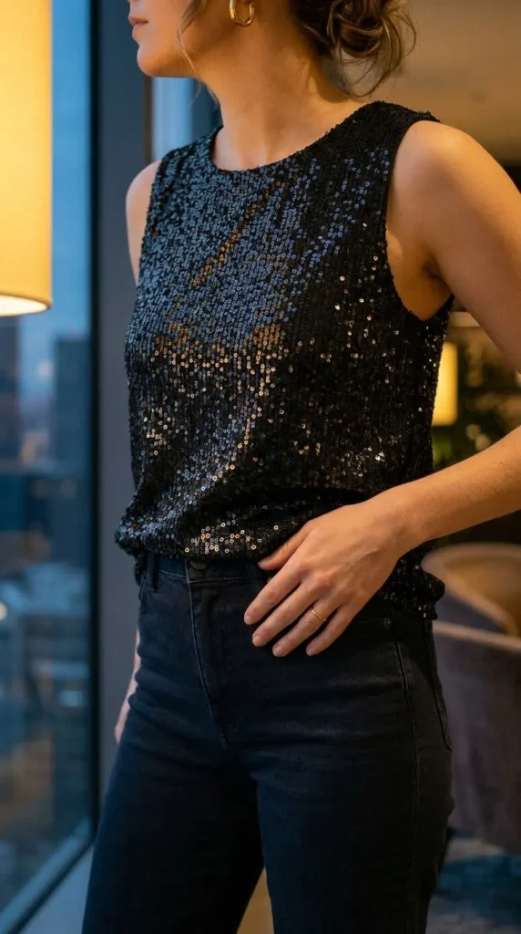 Close-up of a black sequin top with dark jeans, a casual Christmas outfit for women over 50