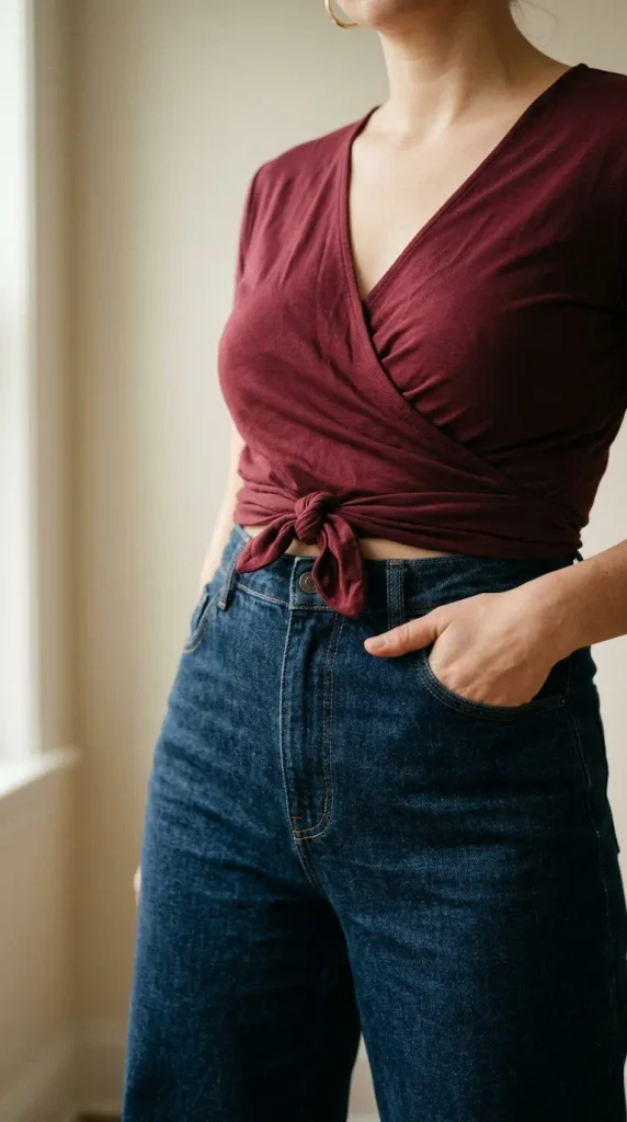 Close up of a burgundy wrap top tied at the waist over high rise wide leg jeans, a midsize Thanksgiving outfit