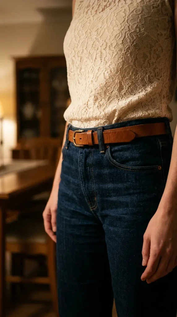 Close-up of a cream lace top tucked into dark jeans with a cognac belt