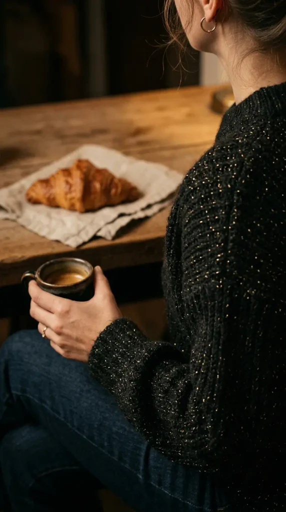 Close-up of a gold metallic-thread knit sweater with dark jeans, a Friendsgiving outfit for women over 50