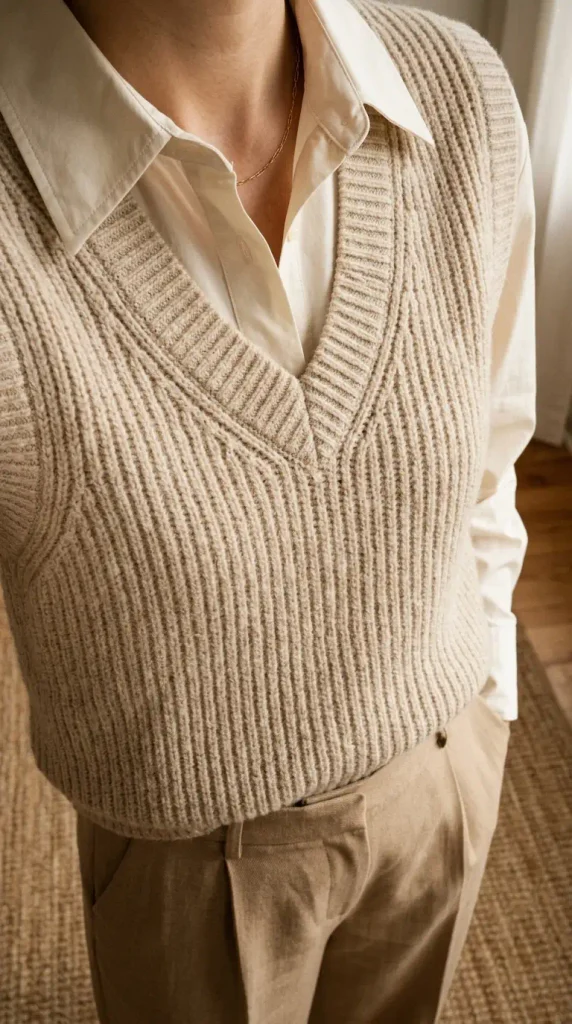 Close-up of an oat knit vest over a cream shirt, a tonal Thanksgiving Outfits for Plus-Size Women: