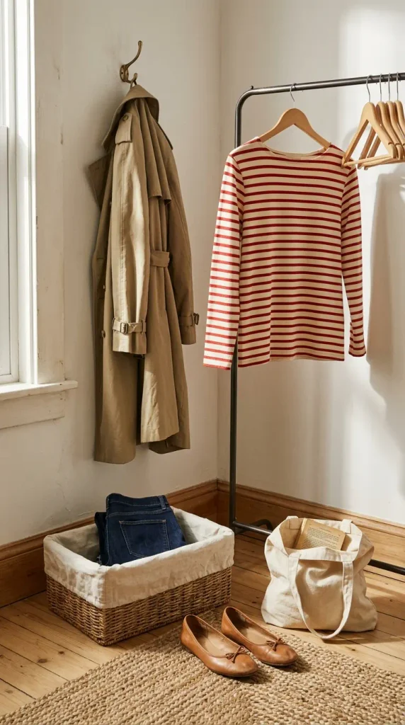 Closet corner with a striped Breton tee, trench coat, and ballet flats for a solo Valentine's Day outfit