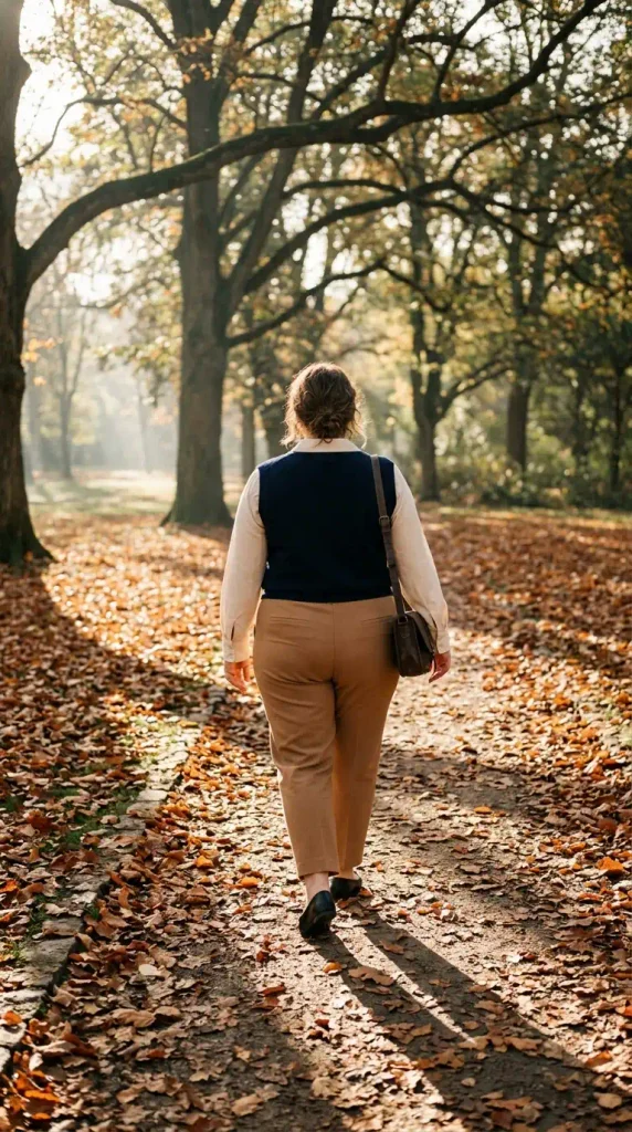 Cream button-down under a navy sweater vest with camel trousers, an old money outfit for plus-size women