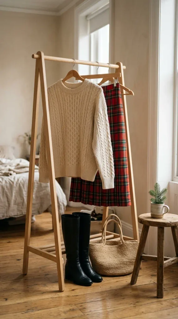 Cream cable knit and tartan midi skirt on wooden hangers, a casual plus size Christmas outfit