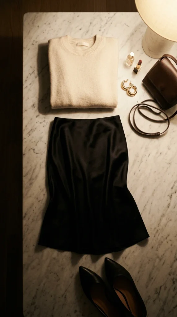 Cream cashmere sweater and black satin slip skirt flat-lay for a Valentine's Day dinner outfit