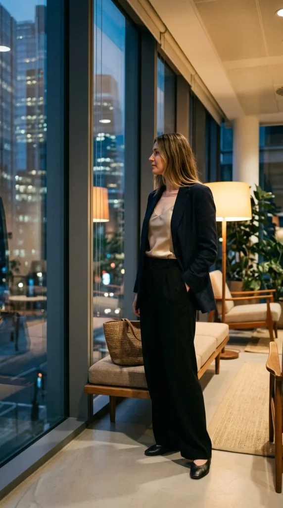 Navy blazer over a champagne satin cami with wide-leg trousers, an office Christmas party outfit