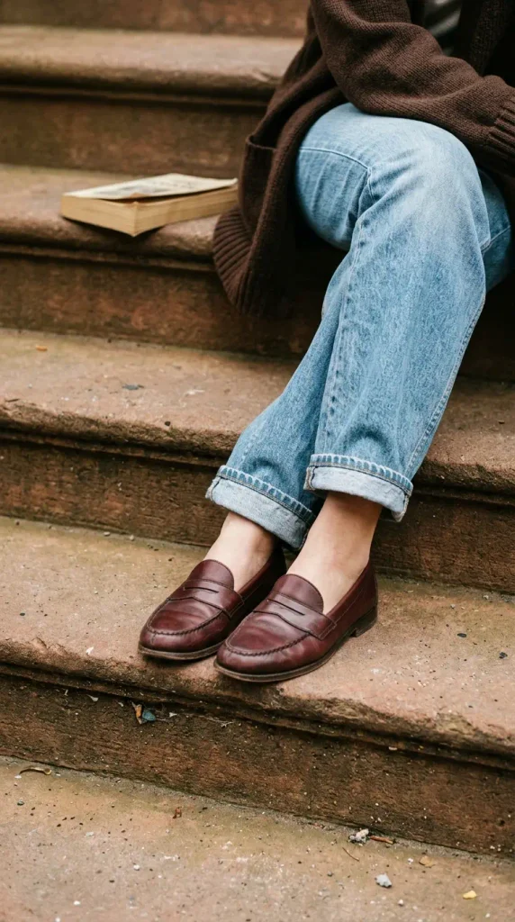 Cuffed light-wash straight jeans with burgundy loafers on brownstone steps, a fall fashion find