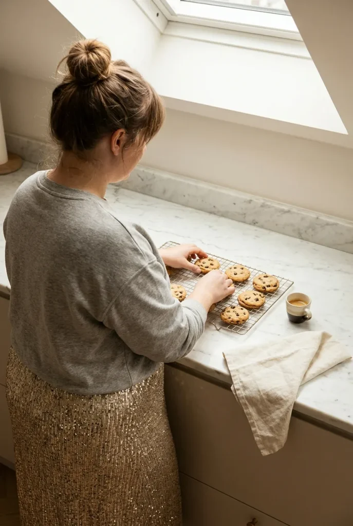 Curvy holiday outfit with gold sequin midi skirt, gray sweatshirt, and white sneakers at a cookie swap