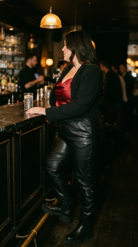 Curvy woman in faux leather pants and a red satin shell at a bar for a Valentine's night out