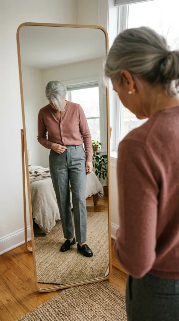 Dusty rose cardigan tucked into gray trousers, a soft pink Valentine's Day outfit for women over 50
