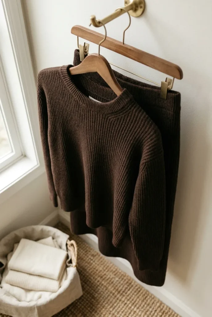 Espresso ribbed knit set on a wooden hanger, a curvy holiday outfit idea from a capsule wardrobe