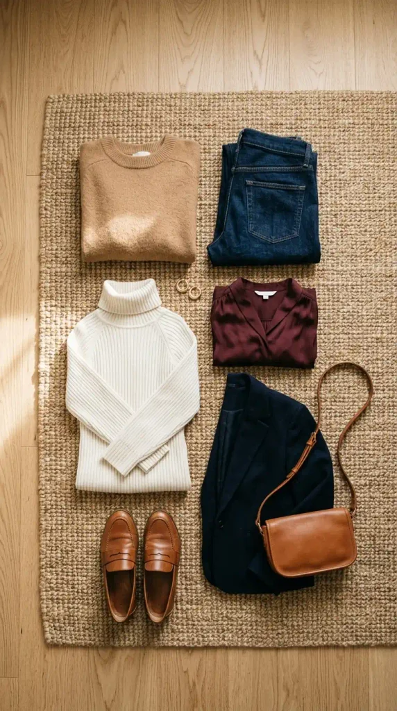 Flat-lay of Thanksgiving outfits for women over 50 with a camel sweater, jeans, ivory dress, and loafers