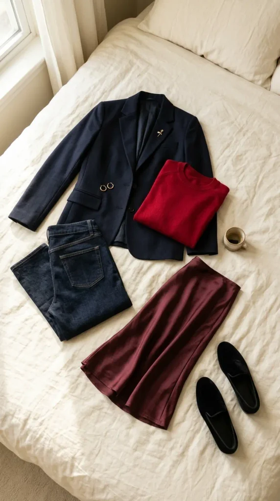Flat lay of Valentine's Day outfits for women over 50 with a navy blazer, red knit, jeans and wine satin skirt