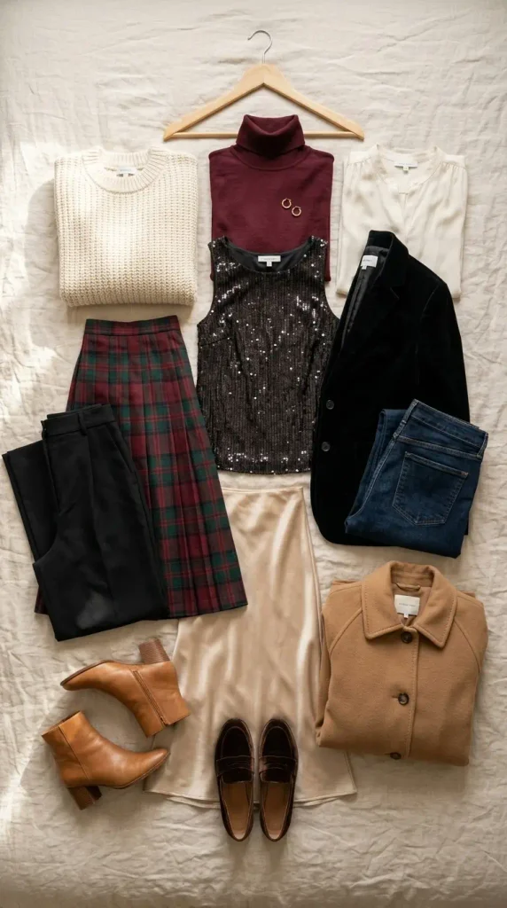 Flat-lay of a 12-piece capsule for Christmas outfits for women over 50 in cream, burgundy and camel