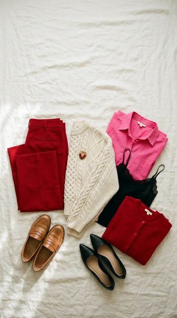 Flat-lay of a Valentine's capsule with red trousers, pink shirt, lace cami, and loafers for plus-size outfits