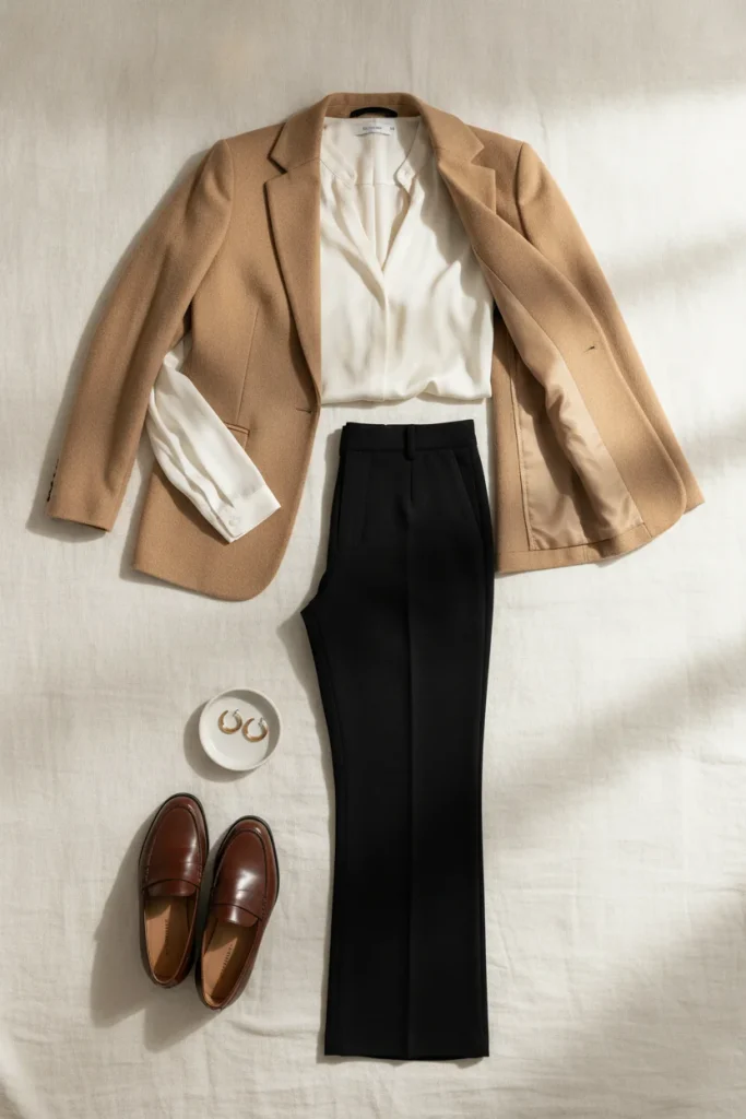Flat-lay of black wide-leg trousers, ivory satin blouse and camel blazer for an office holiday party