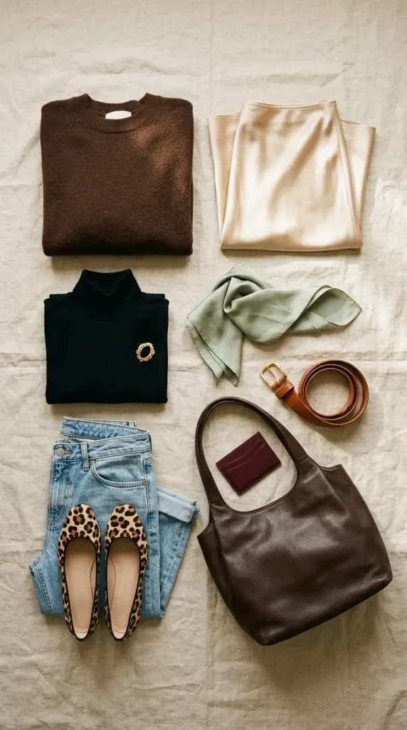 Flat-lay of capsule wardrobe fashion finds with a cashmere sweater, silk skirt, jeans, belt, tote, and flats