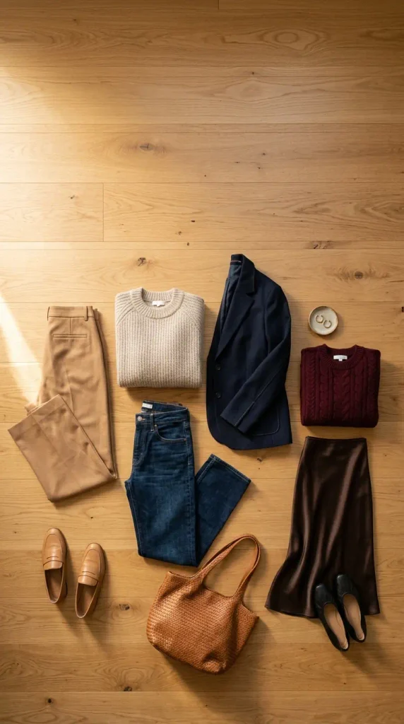 Flat lay of capsule wardrobe pieces for Thanksgiving outfits, including camel trousers, navy blazer, and loafers