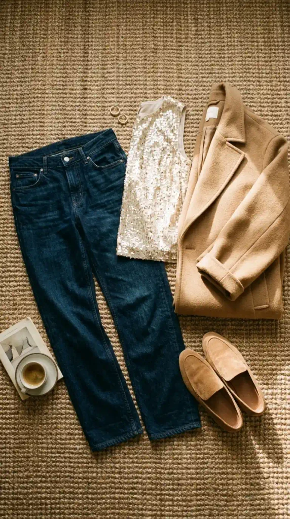 Flat-lay of dark jeans, sequin top, camel coat and loafers for a plus size Christmas outfit, casual