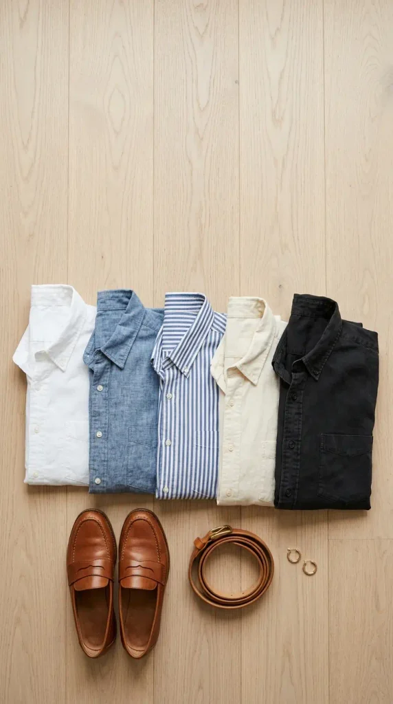 Flat-lay of five button-down shirts in white, chambray, stripe, cream and black for outfits over 50