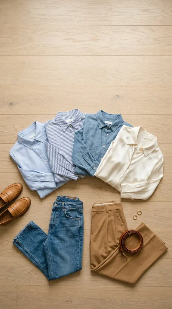 Flat-lay of four button-down shirts with jeans, trousers, and loafers for everyday button-down shirt outfits