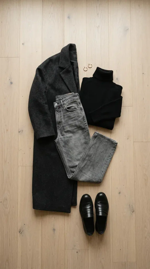Flat-lay of gray jeans, a black turtleneck, a charcoal coat, and black loafers